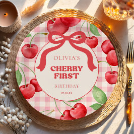 Red Coquette Bow Cherry First Birthday Party ペーパープレート