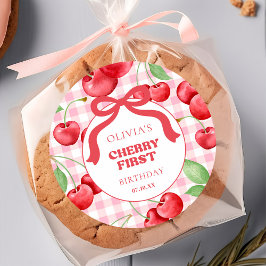 Red Coquette Bow Cherry First Birthday Party ラウンドシール