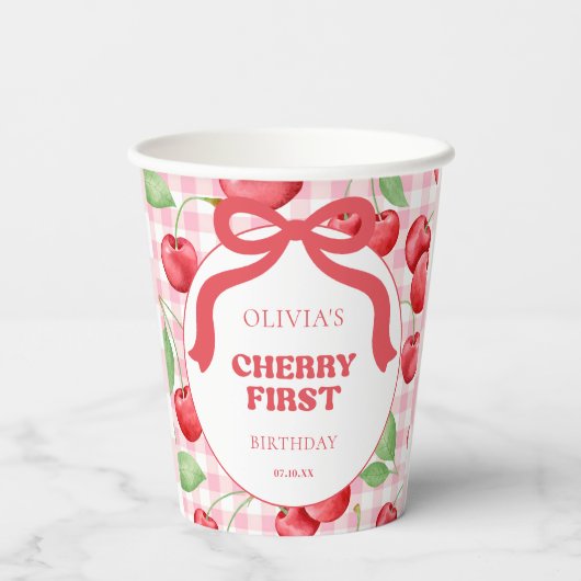 Red Coquette Bow Cherry First Birthday Party 紙コップ (裏面)
