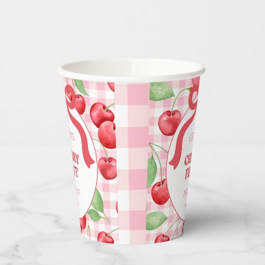 Red Coquette Bow Cherry First Birthday Party 紙コップ (左)