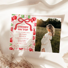 Red Coquette Bow Cherry On Top Baby Shower Photo 招待状