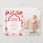 Red Coquette Bow Cherry On Top Birthday Photo 招待状 (正面)