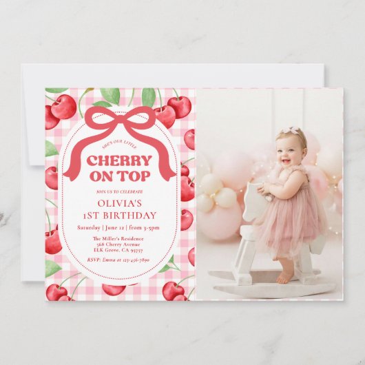 Red Coquette Bow Cherry On Top Birthday Photo 招待状 (正面)