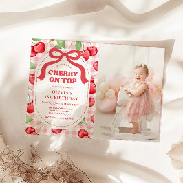 Red Coquette Bow Cherry On Top Birthday Photo 招待状