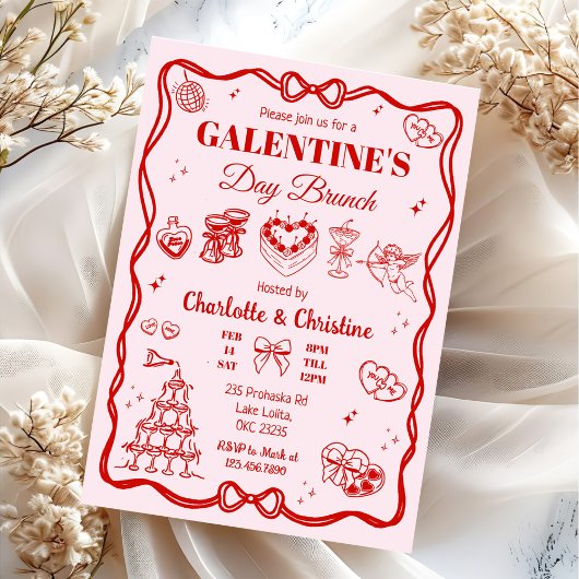 Red Coquette Galentine's Day Brunch Party 招待状