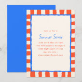 Red Coral Stripe Blue Border Summer Soiree Party 招待状 (正面/裏面)