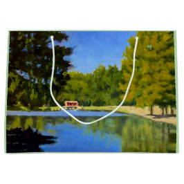 Red Covered Bridge on Serene Lake in Yellow Blue ラージペーパーバッグ