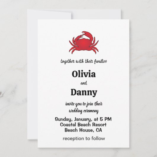 Red Crab Summer Coastal Beach Wedding 招待状 (正面)