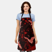Red Crane Cherry Blossom Chinoiserie Pattern エプロン (着用した状態)