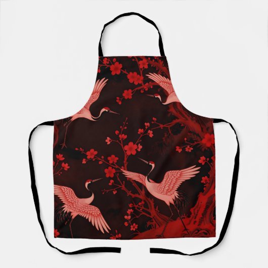 Red Crane Cherry Blossom Chinoiserie Pattern エプロン (正面)