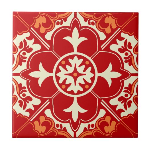 Red Cream and Orange Azulejo Mandala タイル (正面)