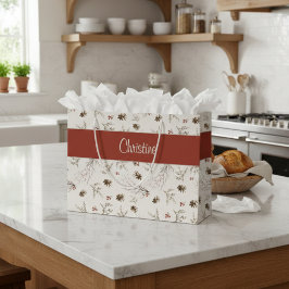 Red Cream Boho Woodland Winterberry Monogram Name ラージペーパーバッグ