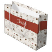 Red Cream Boho Woodland Winterberry Monogram Name ラージペーパーバッグ (正面アングル)