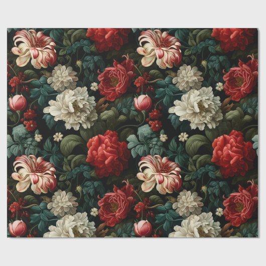 Red & Cream Decompageのヴィンテージ花模様 ラッピングペーパー (フラット)