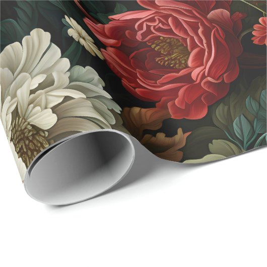 Red & Cream Decompageのヴィンテージ花模様 ラッピングペーパー (ロールコーナー)