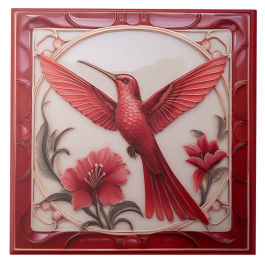 Red & cream faux relief Art Nouveau Hummingbird L タイル (正面)