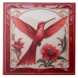 Red & cream faux relief Art Nouveau Hummingbird R タイル