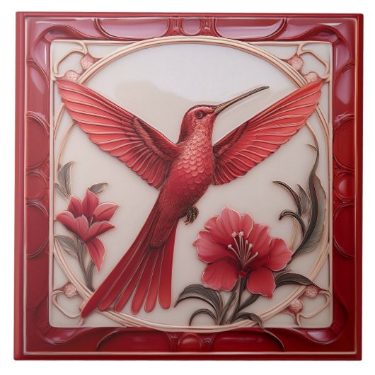 Red & cream faux relief Art Nouveau Hummingbird R タイル (正面)