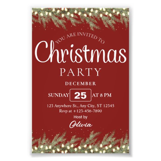 Red Cream Floral Elegant Holiday Christmas Party フォトプリント (正面)