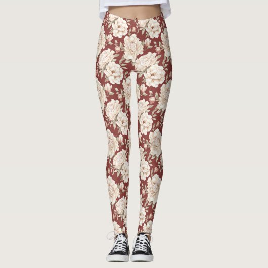 Red Cream Flowers レギンス (正面)