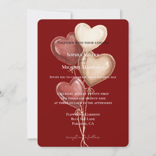 Red Cream Heart Balloons Wedding 招待状 (正面)