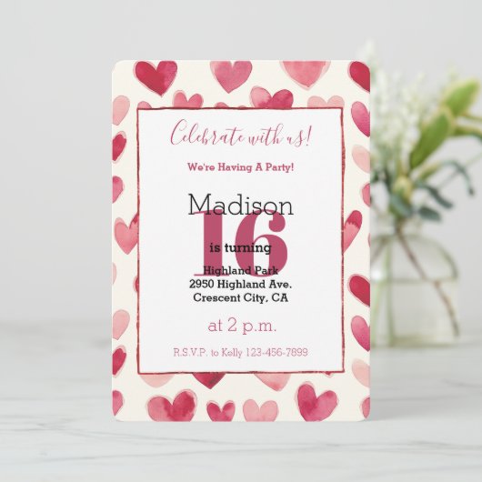 Red Cream Hearts 16歳の誕生日 招待状 (スタンド正面)