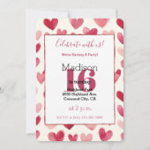 Red Cream Hearts 16歳の誕生日 招待状 (正面)