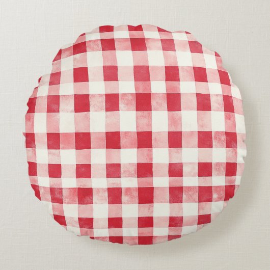 Red Cream Plaid Stripes Birthday ラウンドクッション (正面)