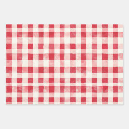Red Cream Plaid Stripes Dots Birthday ラッピングペーパーシート