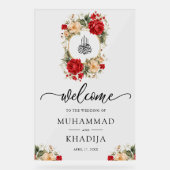 Red Cream Roses Muslim Wedding Welcome アクリルサイン (正面)