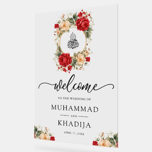Red Cream Roses Muslim Wedding Welcome アクリルサイン (傾斜)
