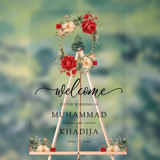 Red Cream Roses Muslim Wedding Welcome アクリルサイン (ニュートラル)