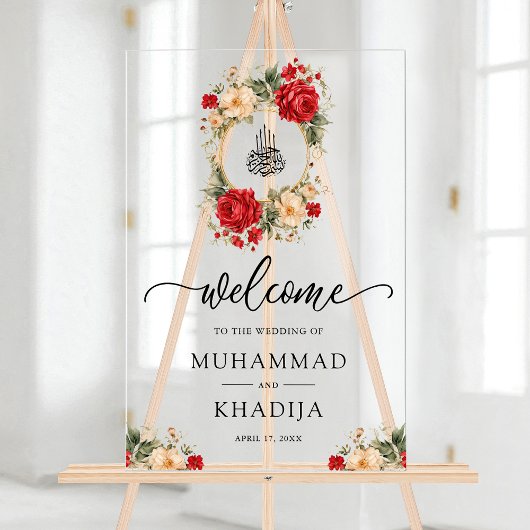 Red Cream Roses Muslim Wedding Welcome アクリルサイン