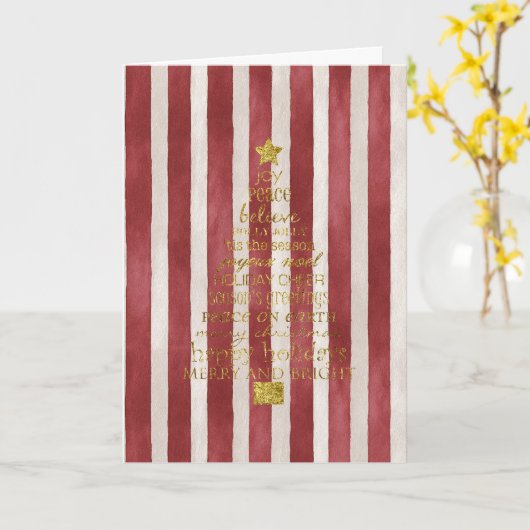 Red Cream Stripes Gold Merry Christmas Tree カード (黄色い花)