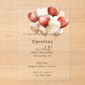 Red Cream White Hearts Balloons Birthday  アクリル招待状 (正面)