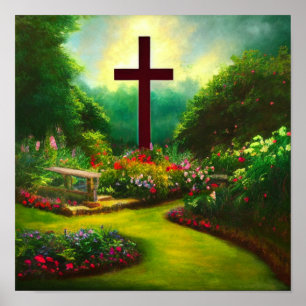 Red Cross in a Beautiful Garden Poster ポスター
