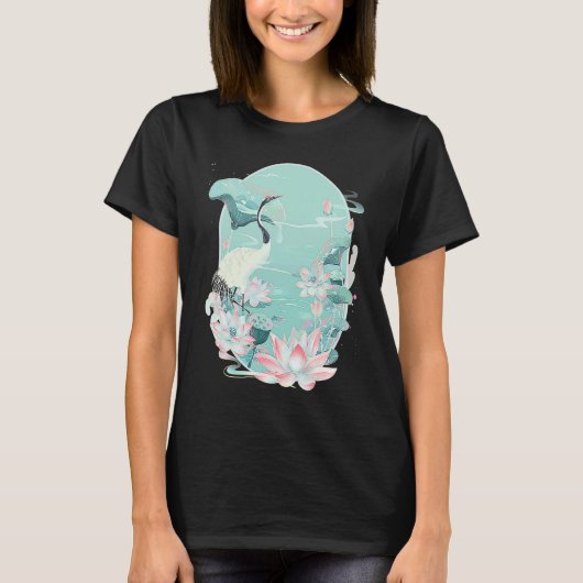 Red Crowned Crane Bird Water Lily Lotus Flower Chi Tシャツ (正面)