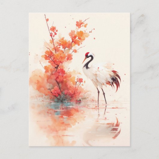 Red Crowned Crane with Orange Blossom Branch ポストカード (正面)