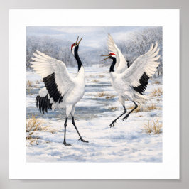 Red-crowned Cranes Dancing in Winter –  ポスター