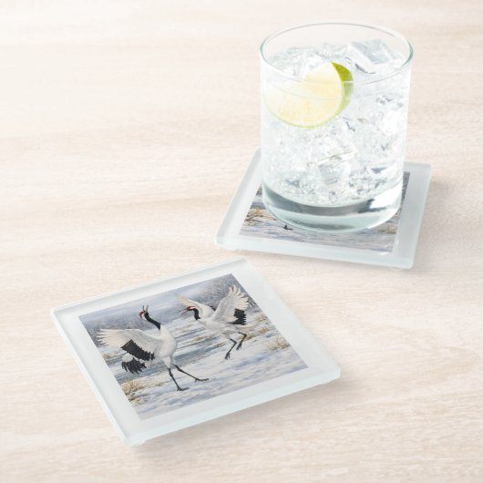 Red-crowned Cranes in Winter ガラスコースター (アングル)