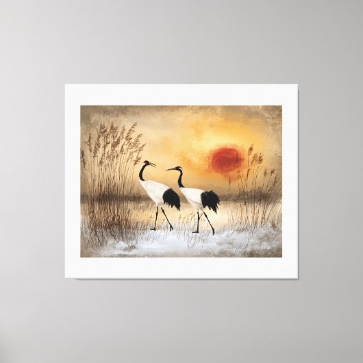 Red crowned cranes, watercolor artwork, キャンバスプリント (正面)