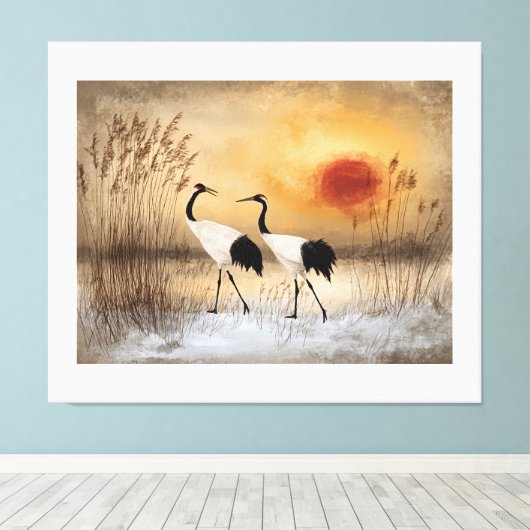 Red crowned cranes, watercolor artwork, キャンバスプリント (インサイチュ (ウッドフロア))