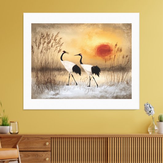Red crowned cranes, watercolor artwork, キャンバスプリント (インサイチュ (リビング))