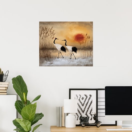 Red crowned cranes, watercolor artwork, ポスター (ホームオフィス)