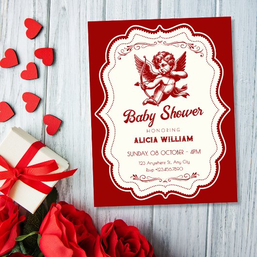 Red cupid angel baby shower 招待状