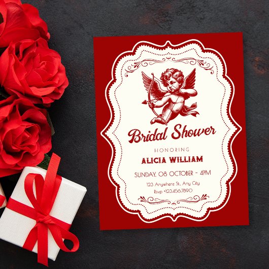 Red cupid angel bridal shower 招待状