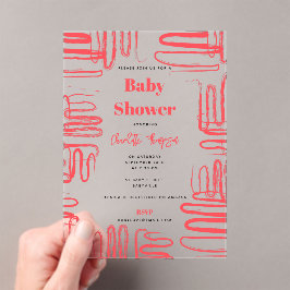 Red Curve Wavy Squiggle Abstract Baby Shower アクリル招待状
