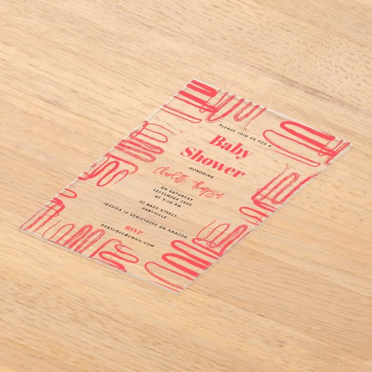 Red Curve Wavy Squiggle Abstract Baby Shower アクリル招待状 (レイダウン)