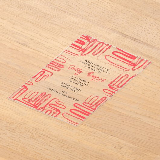 Red Curve Wavy Squiggle Abstract Birthday Party アクリル招待状 (レイダウン)