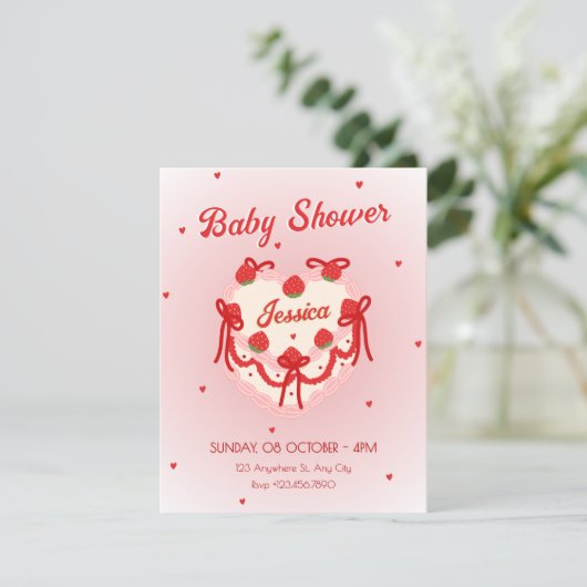Red cute heart cake baby shower 招待状 (スタンド正面)
